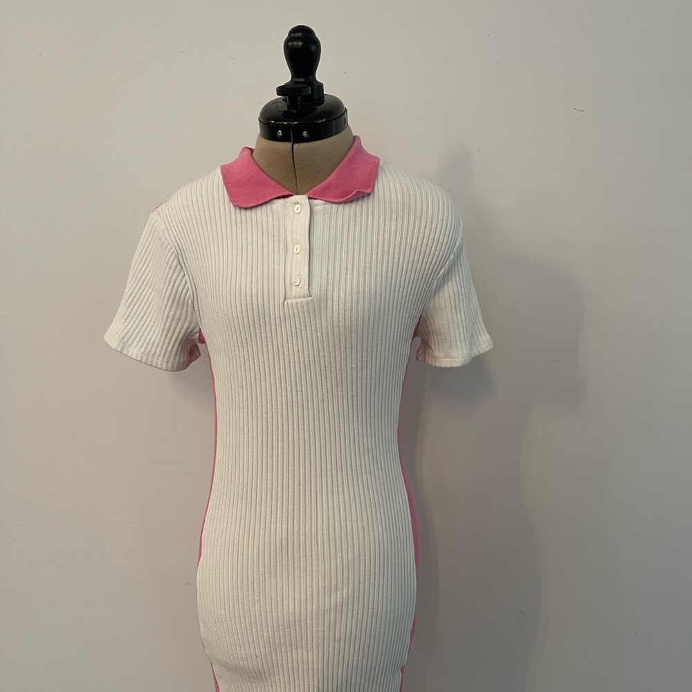 Zara White and Pink Ribbed Button Down Polo Shirt